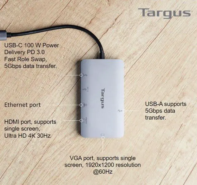 Alt view image 5 of 6 - Targus USB-C Alt Mode Single Video 4K HDMI/VGA Adapter, Ethernet, 2 x USB-A with 100W Power Delivery Pass-Thru (DOCK419USZ)