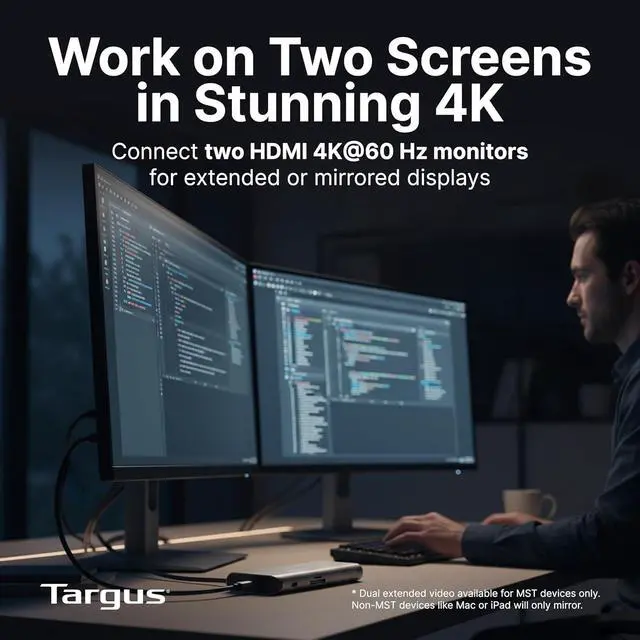 Alt view image 2 of 6 - Targus Dual Video Mobile Dock with 140W EPR Power Pass-Through, Dual HDMI 4K@60Hz, USB-C & USB-A 10Gbps, SD/microSD Reader, Gigabit Ethernet, EcoSmart Design DOCK403GL