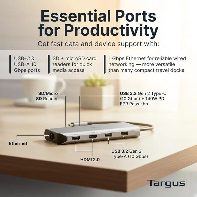 Alt view image 3 of 6 - Targus Dual Video Mobile Dock with 140W EPR Power Pass-Through, Dual HDMI 4K@60Hz, USB-C & USB-A 10Gbps, SD/microSD Reader, Gigabit Ethernet, EcoSmart Design DOCK403GL