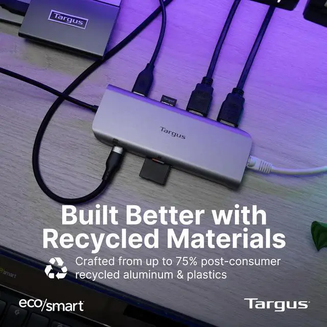 Alt view image 6 of 6 - Targus Dual Video Mobile Dock with 140W EPR Power Pass-Through, Dual HDMI 4K@60Hz, USB-C & USB-A 10Gbps, SD/microSD Reader, Gigabit Ethernet, EcoSmart Design DOCK403GL