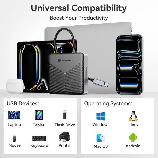 Alt view image 7 of 7 - Yottamaster Laptop Docking Station 8 in 1, USB C Hub with 2XUSB-A 3.0, 100W Power Delivery, 4K@60Hz HDMI, SD/TF, RJ45, 3.5mm Audio, USB Multiport C Adapter for MacBook/DELL/HP/Lenovo