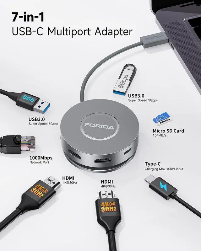 Alt view image 2 of 7 - Micro USB C Docking Station Dual HDMI Monitor FORIDA USB C to USB Hub with 1 Gbps Ethernet 100W Power Delivery Micro SD Card Reader for MacBook/Dell/HP/Lenovo ThinkPad/Surface (Silver)