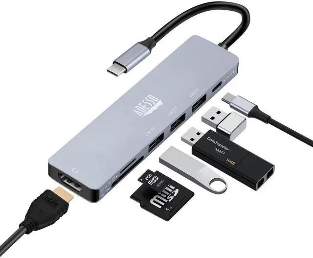 Main image of Adesso AUH-4025 USB C Docking Station Multiport Adapter Type C Hub Supports USB C to x1 4K HDMI, 3X USB-A 3.2, 1x PD, 1x Micro SD, 1x SD Card Reader