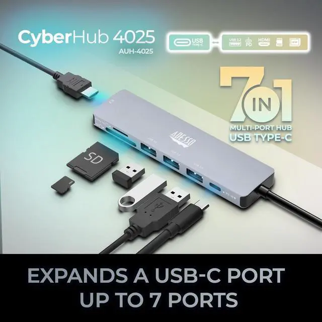 Alt view image 2 of 7 - Adesso AUH-4025 USB C Docking Station Multiport Adapter Type C Hub Supports USB C to x1 4K HDMI, 3X USB-A 3.2, 1x PD, 1x Micro SD, 1x SD Card Reader