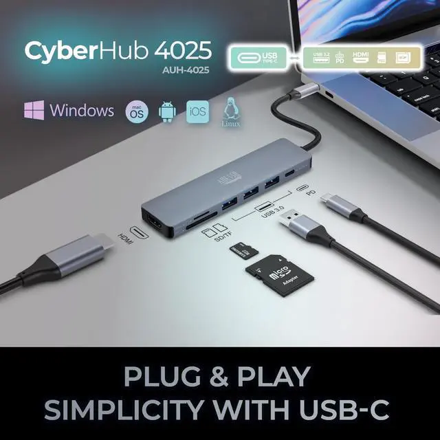 Alt view image 3 of 7 - Adesso AUH-4025 USB C Docking Station Multiport Adapter Type C Hub Supports USB C to x1 4K HDMI, 3X USB-A 3.2, 1x PD, 1x Micro SD, 1x SD Card Reader