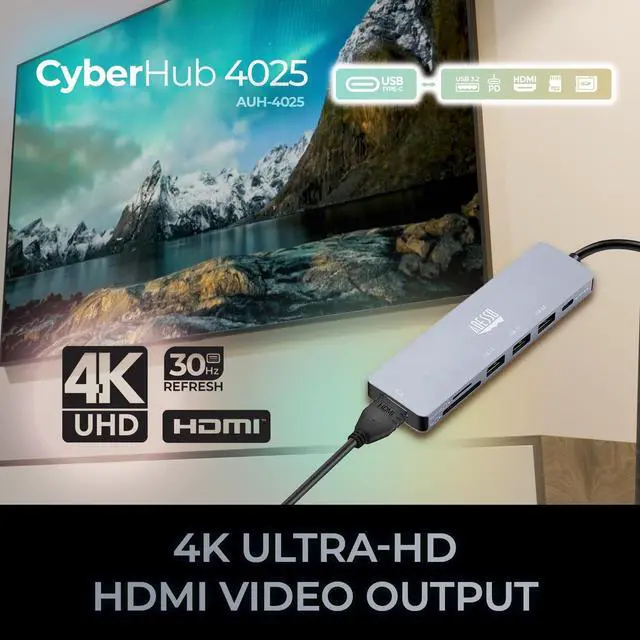 Alt view image 4 of 7 - Adesso AUH-4025 USB C Docking Station Multiport Adapter Type C Hub Supports USB C to x1 4K HDMI, 3X USB-A 3.2, 1x PD, 1x Micro SD, 1x SD Card Reader