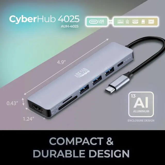 Alt view image 5 of 7 - Adesso AUH-4025 USB C Docking Station Multiport Adapter Type C Hub Supports USB C to x1 4K HDMI, 3X USB-A 3.2, 1x PD, 1x Micro SD, 1x SD Card Reader