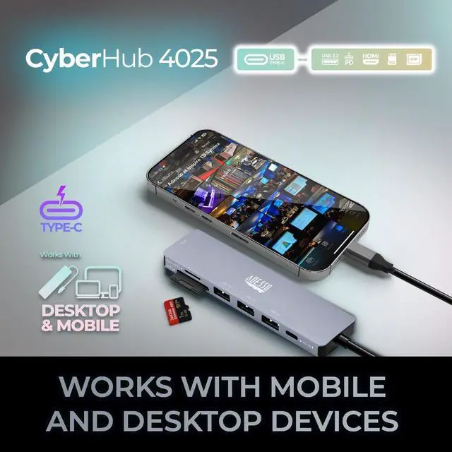 Alt view image 7 of 7 - Adesso AUH-4025 USB C Docking Station Multiport Adapter Type C Hub Supports USB C to x1 4K HDMI, 3X USB-A 3.2, 1x PD, 1x Micro SD, 1x SD Card Reader