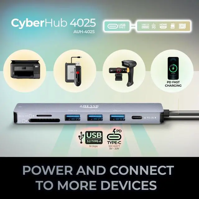 Alt view image 6 of 7 - Adesso AUH-4025 USB C Docking Station Multiport Adapter Type C Hub Supports USB C to x1 4K HDMI, 3X USB-A 3.2, 1x PD, 1x Micro SD, 1x SD Card Reader