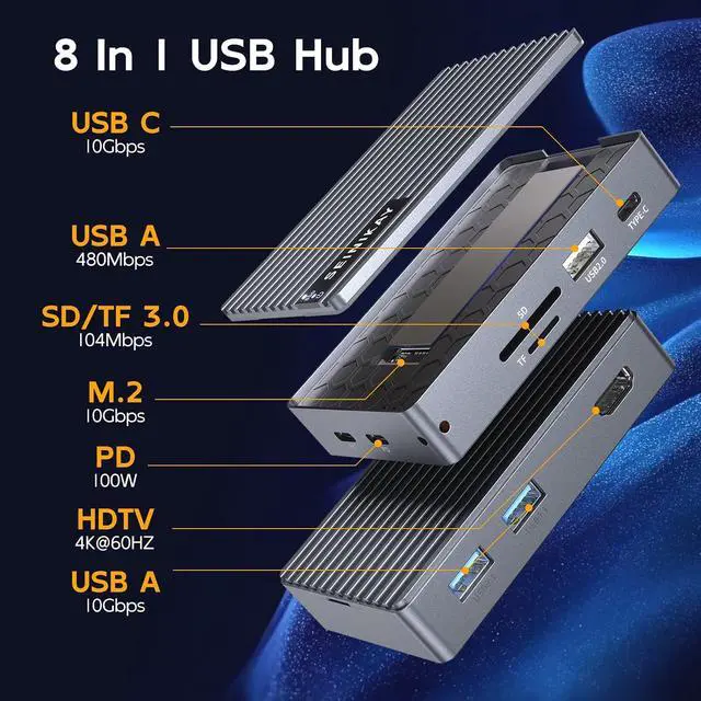Alt view image 2 of 7 - 8 in 1 Laptop Docking Station, USB C Docking Station with M.2 Slot, USB 3.1& 2.0 Ports, 4K HDTV Port, SD/TF Reader,for XPS and More
