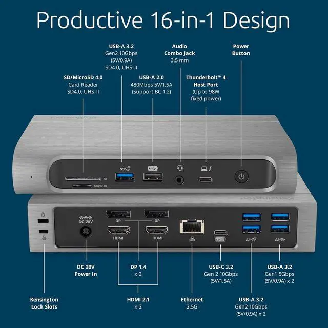 Alt view image 5 of 7 - Kensington AD4010T4 Thunderbolt 4, USB4 Docking Station, Quad 4K Display, Up to 100W Power, 2 x HDMI, 2 x DP, 2.5Gbps Ethernet, SD Card Reader, Compatible with Windows and macOS (K32852EU)