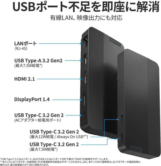 Alt view image 2 of 7 - Lenovo USB Type-C Dual Display Travel Dock (No AC Adapter) Hub Docking Station Displayport HDMI USB Type-C Ethernet 2 Screen Output 47cm Internal Cable 40B90000WW