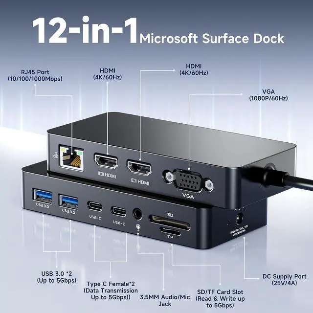Alt view image 2 of 7 - Surface Thunderbolt 4 Docking Station for Surface Pro Laptop Go BookBlack | 4K@60Hz Output&Triple Displays,1000Mbps Ethernet Port,100W DC Charge,for Surface Pro 12 11 10,Laptop Go,Book,Laptop Studio