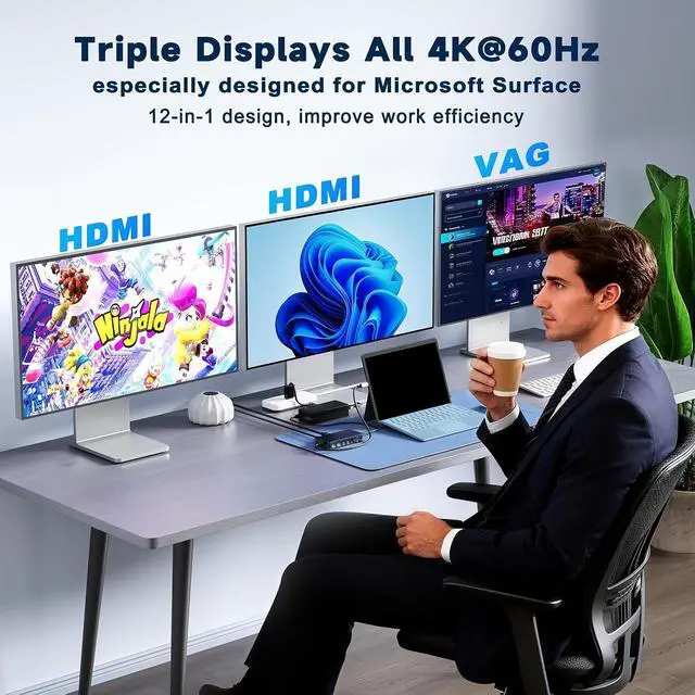 Alt view image 7 of 7 - Surface Thunderbolt 4 Docking Station for Surface Pro Laptop Go BookBlack | 4K@60Hz Output&Triple Displays,1000Mbps Ethernet Port,100W DC Charge,for Surface Pro 12 11 10,Laptop Go,Book,Laptop Studio