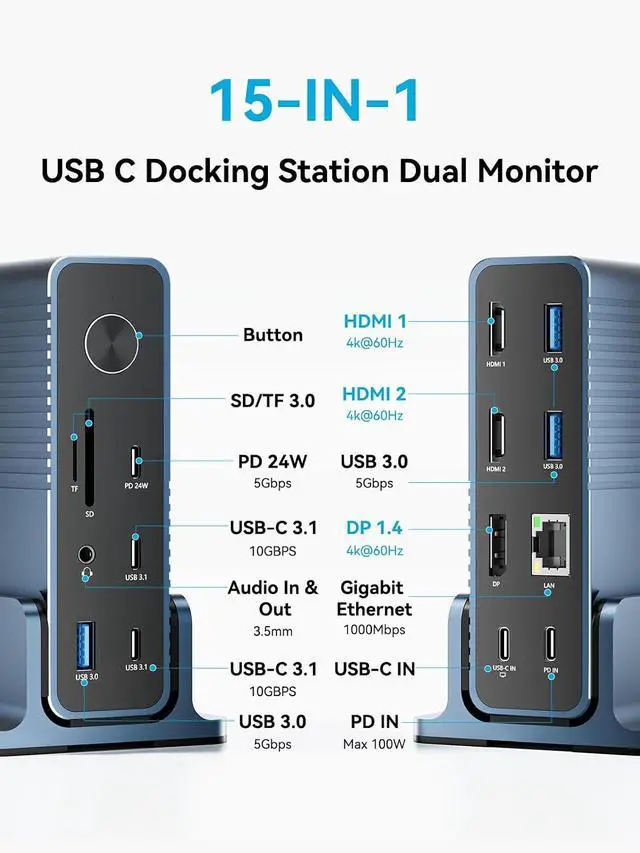 Alt view image 6 of 7 - ACASIS USB C Docking Station Dual Monitors with 15-in-1 Laptop Docking Station Dual Monitor