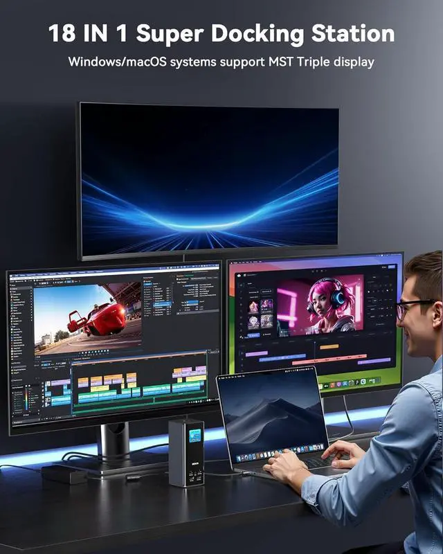 Alt view image 3 of 7 - MOKiN Smart LCD Docking Station,18-Port USB C Docking Station Triple Display with 3HDMI+2DP, Smart Display, Triple 4K 60Hz, 10Gbps USB Ports, Gigabit Ethernet, for macOS and Windows(Driver Required)
