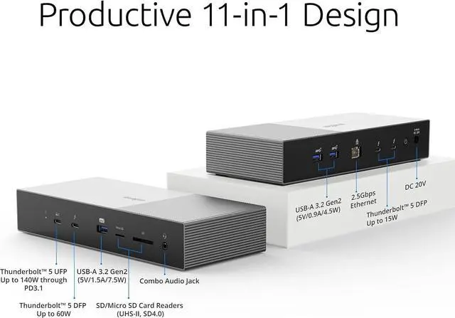 Alt view image 5 of 7 - Kensington SD5000T5 EQ Thunderbolt 5 Docking Station, Triple Monitor 8K/4K, for Windows & Macbooks, 140W Power, 3 x Thunderbolt 5 Ports, Ethernet & USB-A 3.2 Gen2 Ports (K35201EU)