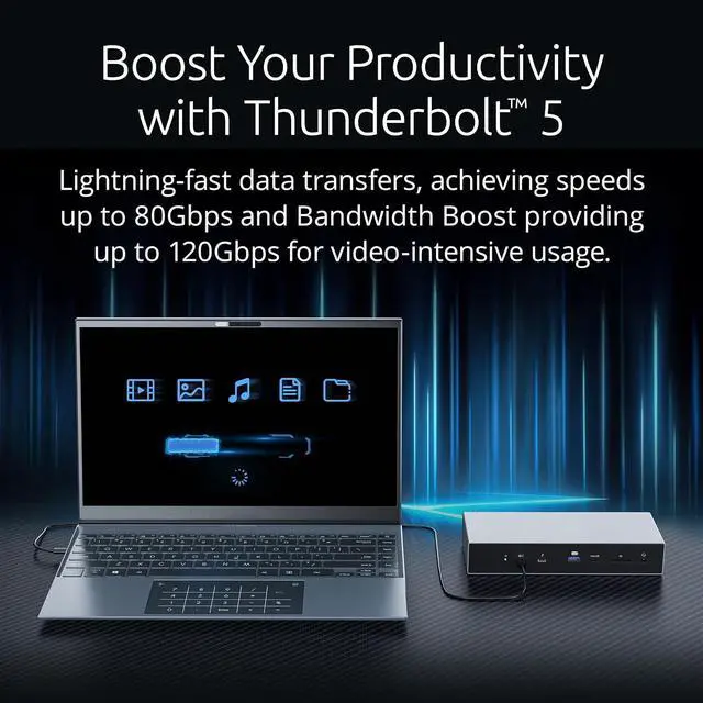 Alt view image 6 of 7 - Kensington SD5000T5 EQ Thunderbolt 5 Docking Station, Triple Monitor 8K/4K, for Windows & Macbooks, 140W Power, 3 x Thunderbolt 5 Ports, Ethernet & USB-A 3.2 Gen2 Ports (K35201EU)