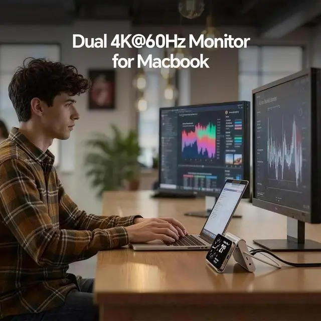 Alt view image 4 of 7 - USB C Docking Station Dual Monitor for MacBook Pro/Air, 11-in-1 MacBook Docking Station with Stand, 2X 4K@60Hz HDMI, 100W PD, Ethernet, SD/TF, 10Gbps USB A/C for M5/M4/M3 Pro/Max - Silver