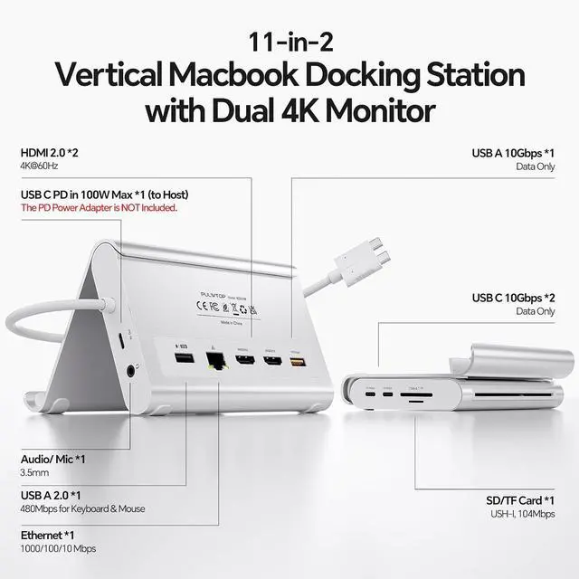 Alt view image 2 of 7 - USB C Docking Station Dual Monitor for MacBook Pro/Air, 11-in-1 MacBook Docking Station with Stand, 2X 4K@60Hz HDMI, 100W PD, Ethernet, SD/TF, 10Gbps USB A/C for M5/M4/M3 Pro/Max - Silver