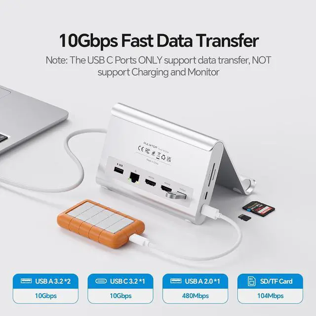 Alt view image 6 of 7 - USB C Docking Station Dual Monitor for MacBook Pro/Air, 11-in-1 MacBook Docking Station with Stand, 2X 4K@60Hz HDMI, 100W PD, Ethernet, SD/TF, 10Gbps USB A/C for M5/M4/M3 Pro/Max - Silver