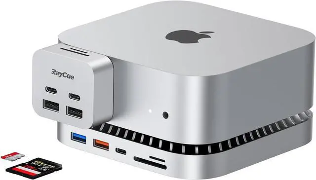 Main image of RayCue 10-in-1 Mac mini M4 Stand & Hub with M.2 NVMe SATA SSD Enclosure, Aluminum Docking Station Base Compatible with Mac mini M4 & M4 Pro 2024, 4K HDMI, 10Gbps USB-C/A, SD/TF, 3.5mm Audio