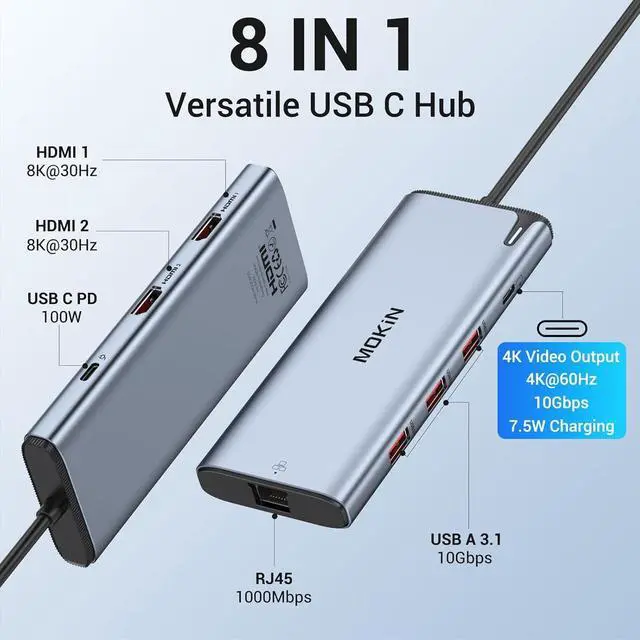 Alt view image 2 of 7 - USB C to USB C Hub Multiport Adapter,USB C Splitter Dual Monitor with 8K@60Hz 2*HDMI,8 in 1 Dual HDMI Adapter Hub with USB C Video Output, 4*10Gbps USB,Ethernet and 100W PD for MacBook Pro/Air,Dell,HP
