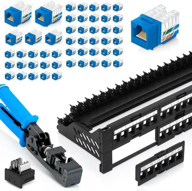 Main image of Bundle 4 Items: 48 Port Keystone Patch Panel (1-Pack) + 90° Angled Speed Termination Tool (easyJACK) + Replacement Head + 90° Angled RJ45 Cat6 Keystone Jacks in Blue (50 Pack)