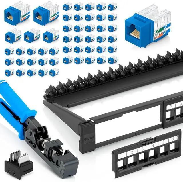 Main image of Bundle 4 Items: 24 Port Keystone Patch Panel (1-Pack) + 90° Angled Speed Termination Tool (easyJACK) + Replacement Head + 90° Angled RJ45 Cat6 Keystone Jacks in Blue (50 Pack)