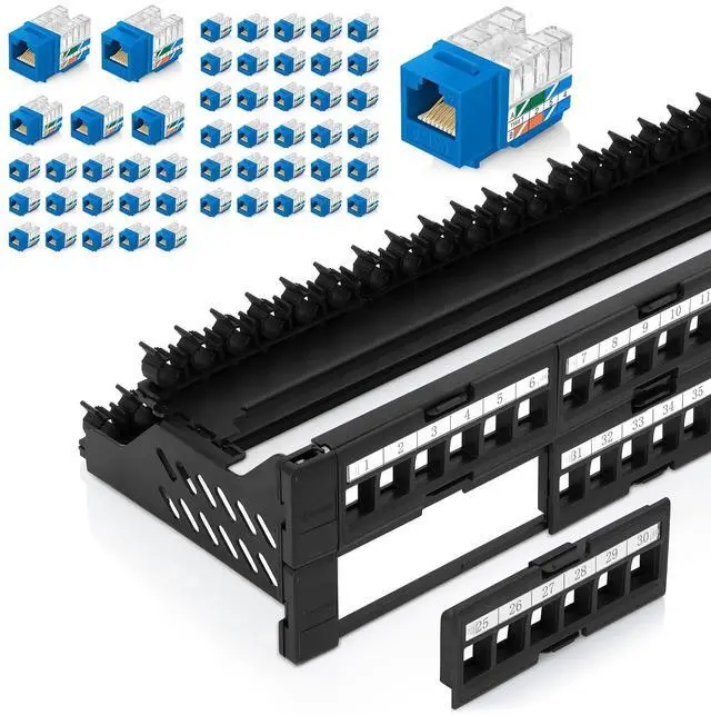 Main image of Everest Media Solutions Bundle 2 Items: 48-Port Keystone Patch Panel + 50 Pack of RJ45 CAT6 Keystone Jacks - Blue