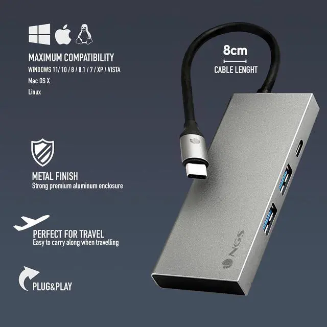 Alt view image 3 of 4 - NGS Wonder Dock 4 Pro - Ultralight Aluminum Multiport USB-C Adapter with USB 3.0, HDMI 4K 30Hz, USB-C with PD Charging 100W, Compatible with MacBook, Chromebook and USB-C Laptops