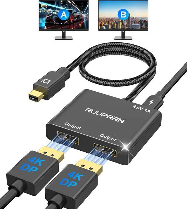 Main image of Mini DisplayPort to Dual DisplayPort Adapter,4K60Hz Thunderbolt 2 Male to 2 DP Female Splitter Extended Display Adapter, Mini DP 1.4 Spitter for MacBook Air/Pro,Mac mini,Surface Pro/Dock