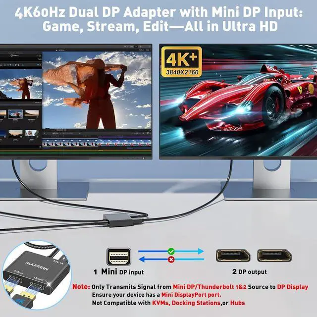 Alt view image 2 of 7 - Mini DisplayPort to Dual DisplayPort Adapter,4K60Hz Thunderbolt 2 Male to 2 DP Female Splitter Extended Display Adapter, Mini DP 1.4 Spitter for MacBook Air/Pro,Mac mini,Surface Pro/Dock