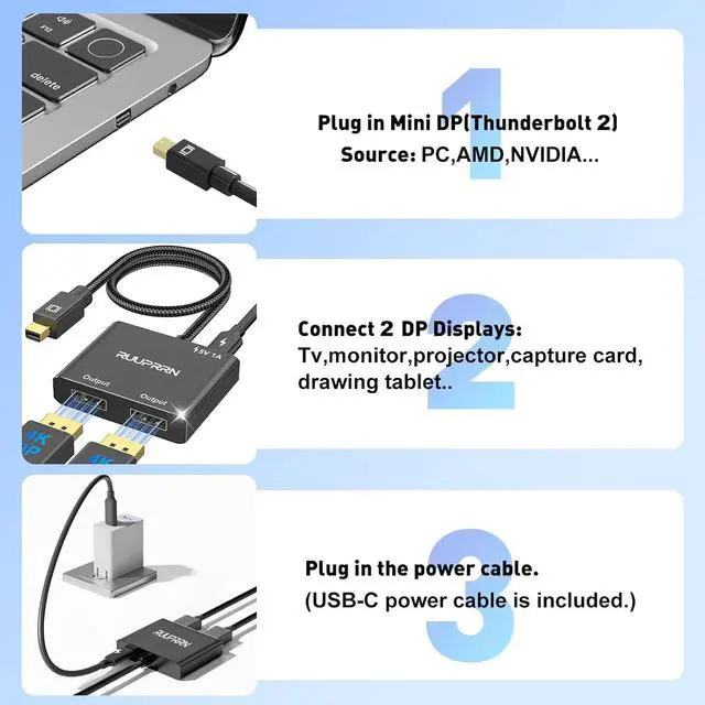 Alt view image 6 of 7 - Mini DisplayPort to Dual DisplayPort Adapter,4K60Hz Thunderbolt 2 Male to 2 DP Female Splitter Extended Display Adapter, Mini DP 1.4 Spitter for MacBook Air/Pro,Mac mini,Surface Pro/Dock
