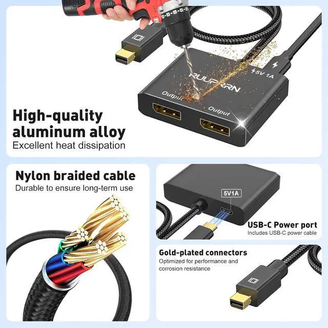 Alt view image 7 of 7 - Mini DisplayPort to Dual DisplayPort Adapter,4K60Hz Thunderbolt 2 Male to 2 DP Female Splitter Extended Display Adapter, Mini DP 1.4 Spitter for MacBook Air/Pro,Mac mini,Surface Pro/Dock