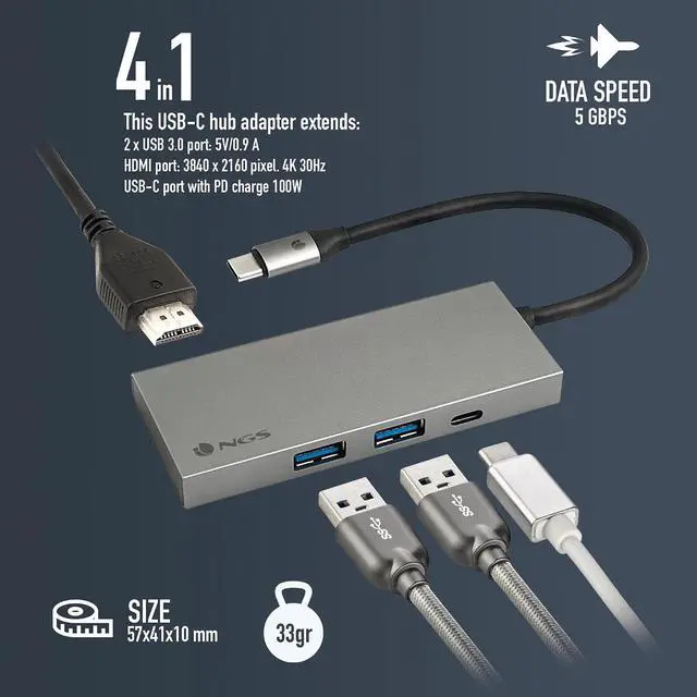 Alt view image 2 of 4 - NGS Wonder Dock 4 Pro - Ultralight Aluminum Multiport USB-C Adapter with USB 3.0, HDMI 4K 30Hz, USB-C with PD Charging 100W, Compatible with MacBook, Chromebook and USB-C Laptops
