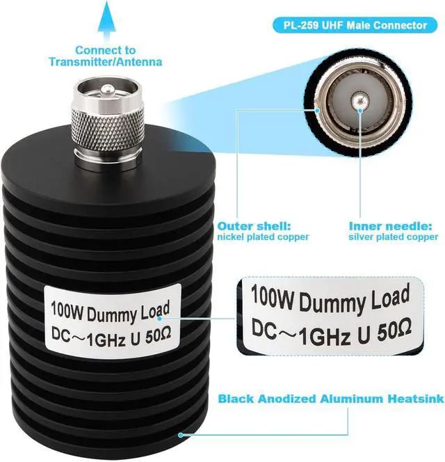 Alt view image 3 of 5 - 100W 50 Ohm Dummy Load PL259, DC-1GHz, UHF Male Connector RF Termination Load for Broadcast/Industrial/Military