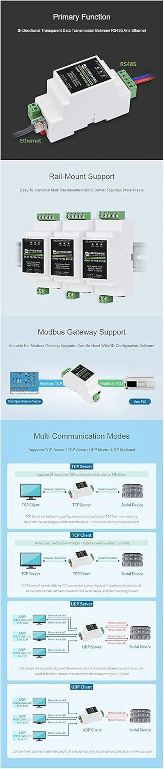 Alt view image 5 of 7 - Industrial RS485 to RJ45 Ethernet Serial Server, Support POE Ethernet Port Power Supply, Electrical Isolation, TCP/IP to Serial, Rail-Mount Support