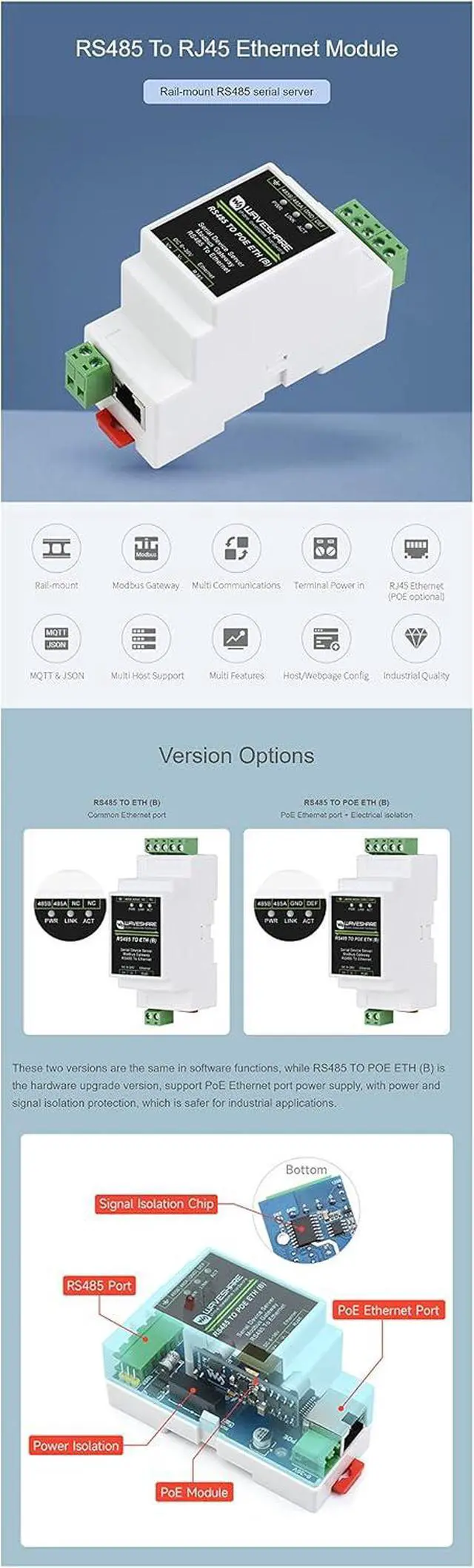 Alt view image 3 of 7 - Industrial RS485 to RJ45 Ethernet Serial Server, Support POE Ethernet Port Power Supply, Electrical Isolation, TCP/IP to Serial, Rail-Mount Support