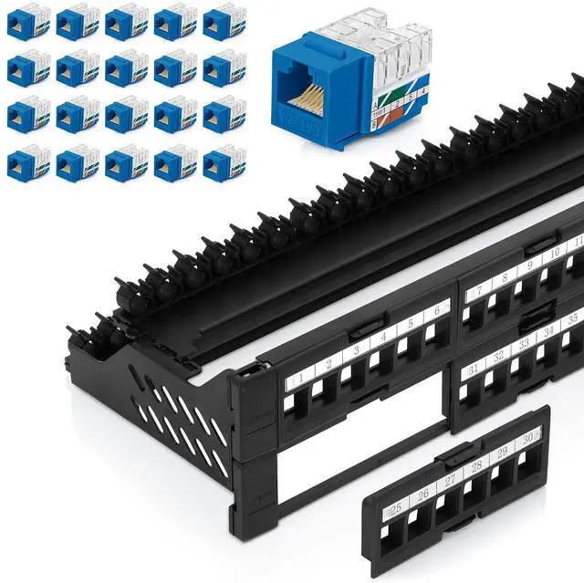Main image of Everest Media Solutions Bundle 2 Items: 48-Port Keystone Patch Panel + 20 Pack of RJ45 CAT6A Keystone Jacks - Blue