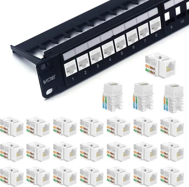 Main image of VCE RJ45 Cat6 Keystone Jacks Slim Profile UL-Listed 25-Pack and 24 Port Patch Panel