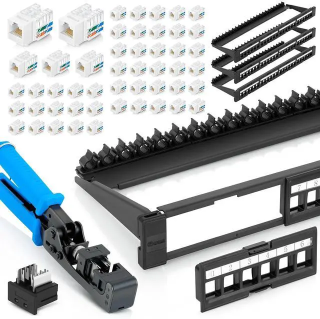 Main image of Bundle 4 Items: 24 Port Keystone Patch Panel (4-Pack) + 90° Angled Speed Termination Tool (easyJACK) + Replacement Head + 90° Angled RJ45 Cat6 Keystone Jacks in White (50 Pack)