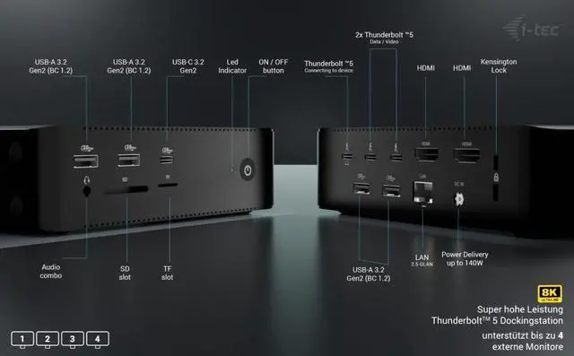 Alt view image 3 of 7 - i-tec Thunderbolt 5 Quattro Display Laptop Docking Station - 2 x Thunderbolt 5 Ports, 2 x HDMI 2.0, 5 x USB, 2.5 GLAN