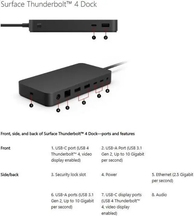 Alt view image 5 of 6 - Microsoft Surface Thunderbolt 4 Dock, High-Speed USB4 Hub with Dual 4K 60Hz Monitor Support, 96W Power Delivery, Multi-Device Compatibility, 5 USB Ports, Ethernet, Black