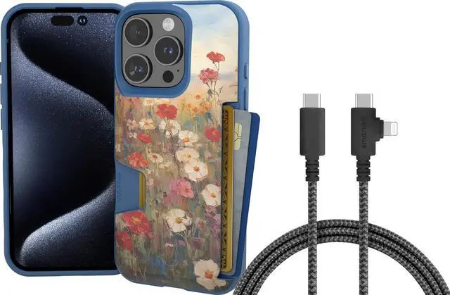 Main image of Smartish® iPhone 16 Pro Wallet Case + USB C Lightning Cable Bundle - 6 Foot Fabric Wrapped Fast Charging Cable for Apple iPhone 16 Pro