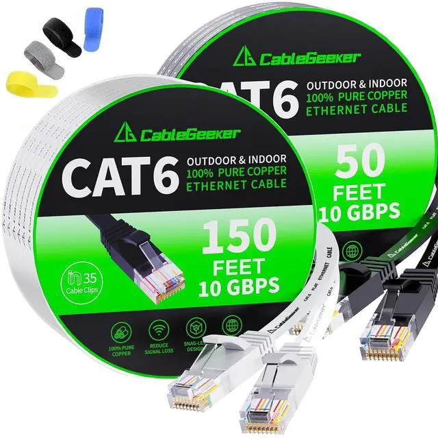 Main image of CableGeeker Cat6 Flat 150ft White & Flat 50ft Black Ethernet Cable