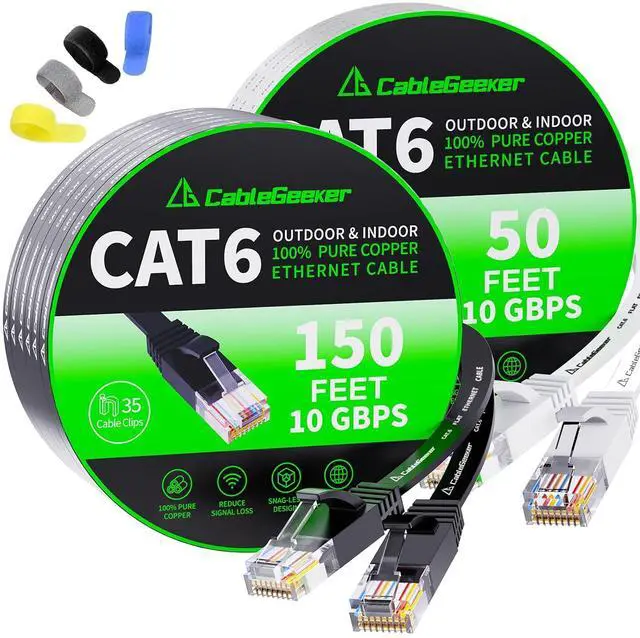 Main image of CableGeeker Cat6 Flat 150ft Black & Flat 50ft White Ethernet Cable