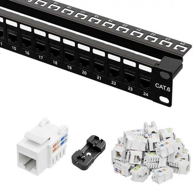 Main image of iwillink 24 Port RJ45 Through Coupler Cat6 Patch Panel with Back Bar and Keystone Jack RJ45 Keystone Jack 25-Pack