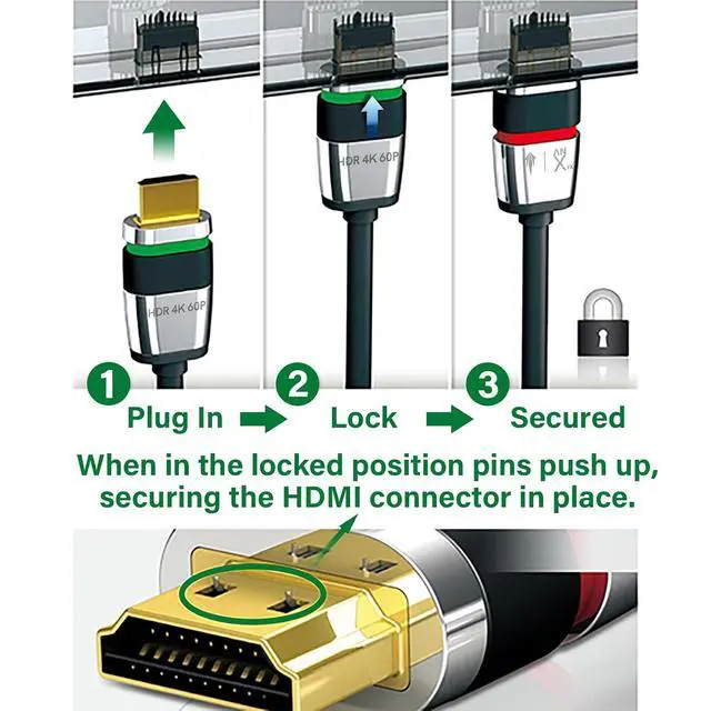 Alt view image 5 of 6 - Locking HDMI 2.0 Cable - 4K@60Hz 18Gbps HDR for High-Speed Video Transfer with Ultra Lock System (2M)