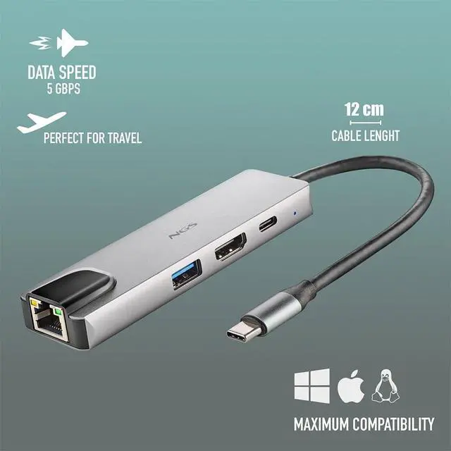 Alt view image 2 of 7 - NGS Wonder Dock Supra 4-in-1 Aluminum USB-C Multiport Adapter, USB 3.0, USB-C with PD Charging 100W, HDMI 4K @ 30Hz RJ45, Compatible with Windows 11/10/8/8.1/7/XP/Vista, Mac OS and Linux